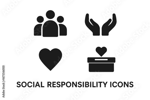 Social responsibility solid icon set. Vector glyph pictograms. Community, charity, donation, and volunteering concepts. Helping hands, group of people, heart, and fund box.