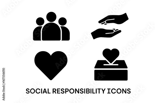 Charity and donation vector glyph icons. Social responsibility, community help, and solidarity concept. Symbols of volunteering, support, love, humanity and fundraising.