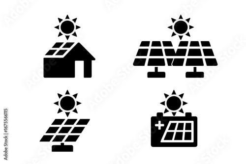 Solar power icon set. Solid glyph symbols of renewable energy. Rooftop solar panel on house, solar farm, sun tracker and battery storage. Clean green eco energy vector.