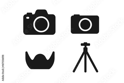 Photography icon set. Solid glyphs collection of photo equipment. DSLR, mirrorless camera, tripod, lens hood silhouettes. Professional photographer gear vector symbols concept.