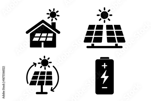 Renewable energy vector icon set. Solid glyphs of solar power projects. Icons for rooftop solar, solar farm, sun tracker system, and battery storage. Green energy concept.