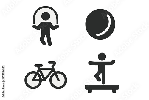 Physical activity solid icons set. Gross motor skills activities. Vector pictogram collection of person jumping rope, bicycle, fitness ball, balance beam for healthy lifestyle.