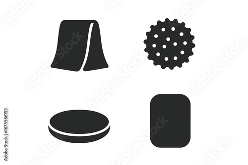 Physical therapy solid icons set. Physiotherapy and rehabilitation equipment glyphs. Stretch band, spiky massage ball, balance disc and foam pad for fitness and recovery.