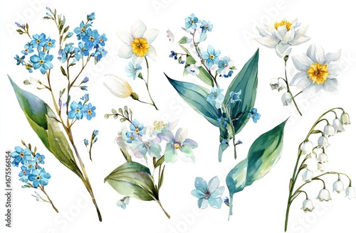 Watercolor floral collection featuring forget-me-nots, daffodils, and lilies of the valley