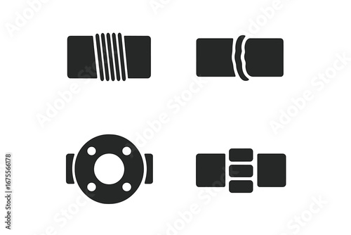 Pipe joint and fitting icon set. Solid glyph vector illustration of pipeline connections. Includes threaded, welded, flanged, and compression joints for plumbing and industrial use.