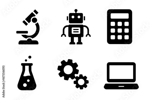 STEM education solid glyph icon set. Science, technology, engineering, math symbols. Includes microscope, robot, calculator, flask, gears, laptop. Vector pictograms for web.