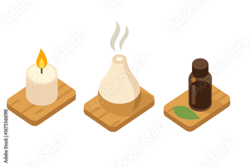 Spa and aromatherapy isometric icon set. Vector illustration of scented candle, essential oil diffuser, and cosmetic bottle for relaxation, wellness, and beauty treatments.