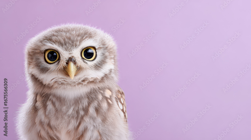Obraz premium Adorable close-up of a young owl with wide eyes against a soft purple background