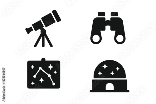 Space observation solid icon set. Astronomy and stargazing tools vector collection. Telescope, binoculars, star chart, planetarium symbols. Science, discovery and education.