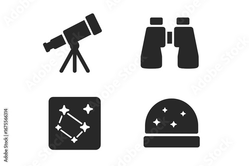Space observation vector icon set. Astronomy and science solid glyph symbols. Telescope, binoculars, constellation star chart and planetarium observatory tools for discovery.