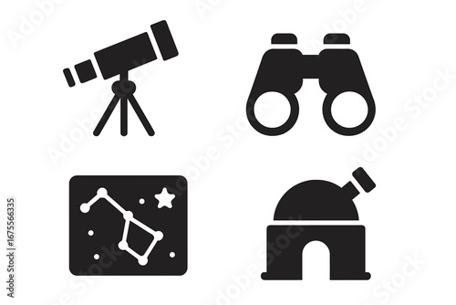 Space observation icon set. Solid glyphs for astronomy. Telescope, binoculars, star chart, observatory. Stargazing, science, discovery concept. Vector symbols collection.