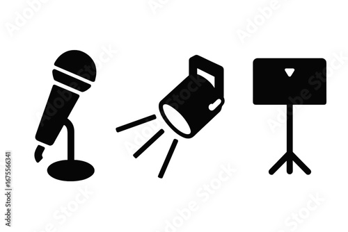 Singing performance icon set. Solid glyph icons for concert, show, karaoke or talent show. Stage elements like microphone, spotlight, and music stand. Vector symbols.