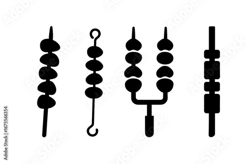 Skewer icon set. Solid filled glyph silhouettes of different barbecue skewer types. Bamboo stick, metal hook skewer, double prong, and flat kebab stick for grilling meat.