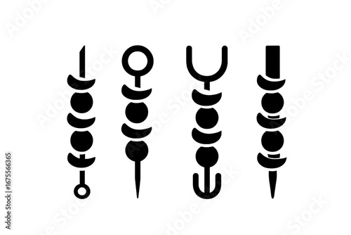 Skewer icon set. Solid glyph icons of various skewer types: bamboo, metal, double prong, and flat. Vector for barbecue, grill, kebab, cooking, and food concepts.