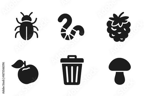 Skunk food sources icon set. Omnivore animal diet concept with solid glyph icons of beetle, worm, berry, apple, trash can, and mushroom. Wildlife feeding vector symbols.