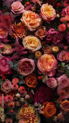 Bright, colorful flower arrangement with roses and peonies in various shades.