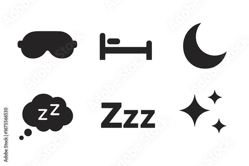 Sleep icon set solid glyph. Bedtime and relaxation concept. Rest and recovery symbols. Sleep mask, bed, moon, stars, dream cloud and zzz sign for good night and insomnia.