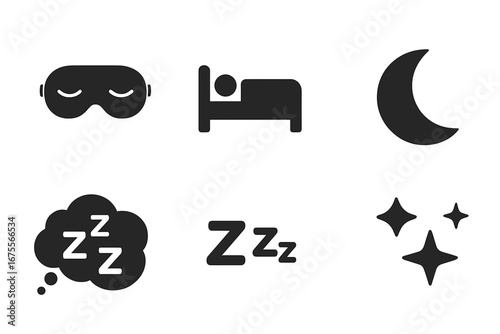 Sleep and night solid icon set. Rest and relaxation symbols for web and mobile. Vector glyph collection with sleep mask, bed, moon, stars, dream cloud, and zzz sign.
