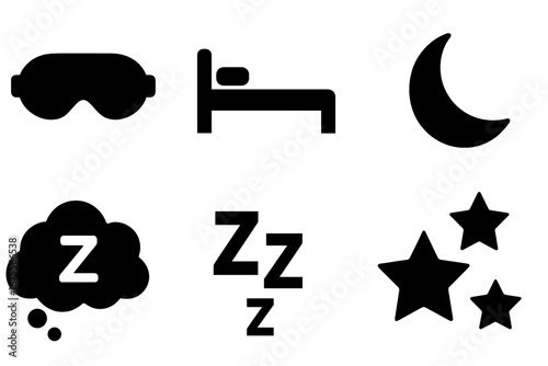 Vector sleep icon set. Solid glyph collection of night, dream, and rest symbols. Bed, zzz, moon, stars, sleep mask icons. Good night, insomnia, relaxation concepts.
