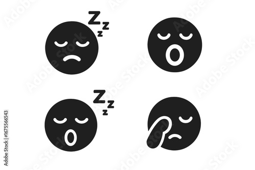 Sleepy face icon set. Solid glyph emoticon collection. Vector graphics of yawning, snoring, and tired expressions. Funny emoji characters. Fatigue, exhaustion, burnout concept.