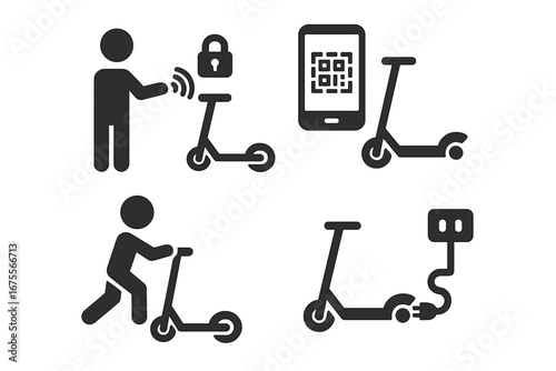 Smart mobility solid icon set. E-scooter sharing service user actions. Person unlocking, scanning QR code with phone, riding and charging electric scooter. Urban transportation.