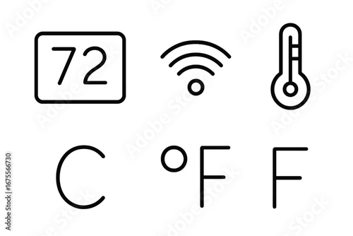 Smart thermostat vector icon set. Outline icons for climate control, smart home app, and HVAC systems. Includes temperature display, Wi-Fi, thermometer, Celsius, Fahrenheit.