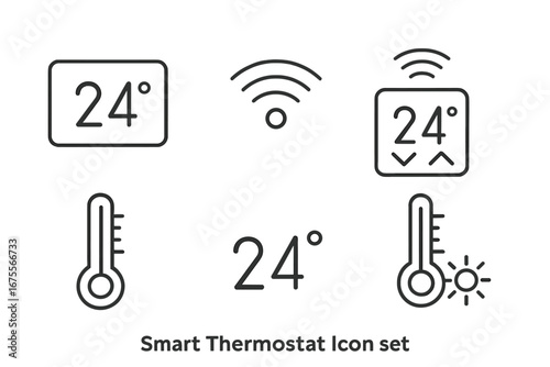 Smart thermostat vector icon set. Outline icons for smart home climate control. Includes display, Wi-Fi, temperature sensor, and remote app symbols. For web and UI design.