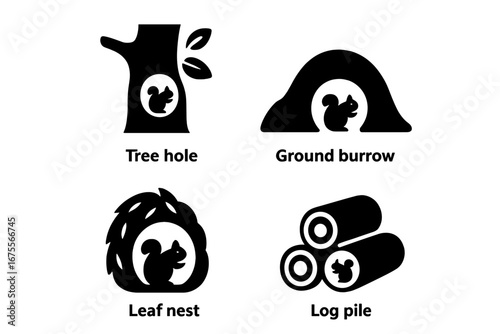 Squirrel habitat and shelter icon set. Solid glyph vector icons showing animal homes in nature. Includes tree hole, ground burrow, leaf nest or drey, and log pile.