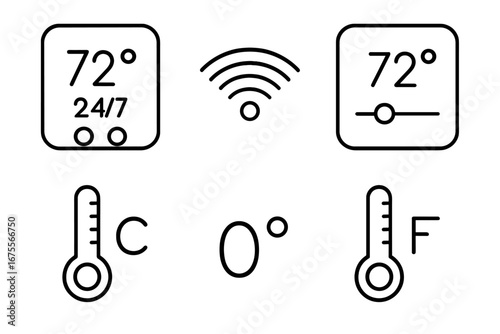 Smart thermostat line icon set. Vector collection of climate control symbols. Smart home technology for temperature regulation. Outline icons for HVAC, Wi-Fi, digital display.