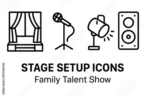 Stage setup outline icon set. Vector illustration of entertainment equipment for show, concert, or event. Contains theater stage, curtain, microphone, spotlight, and speaker.