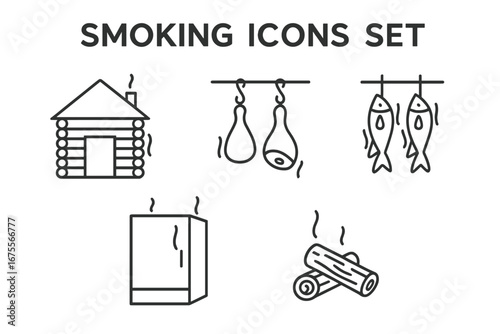 Smoking food outline icons set. Vector illustration of smokehouse, hanging meat, fish, smoker chamber and wood logs. Barbecue and food preparation graphic elements.