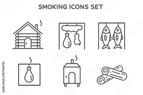 Smoking food icons set. Outline vector collection for smoked meat and fish preparation. Includes smokehouse, cabin, smoker, hanging ham, salmon, and wood logs for fire.