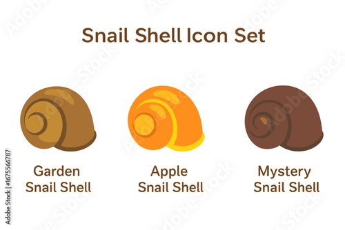 Snail shell icon set with garden, apple, and mystery snail species. Flat vector illustration collection. Gastropod mollusk house symbol for nature, aquarium, and zoology design.