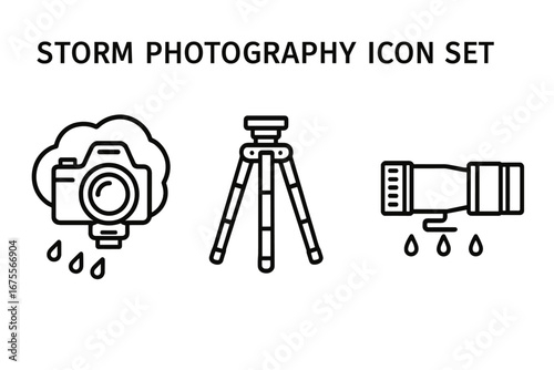 Storm photography icon set. Outline vector of tools for bad weather shooting. Camera with rain cover, waterproof lens, sturdy tripod. Weatherproof professional gear concept.