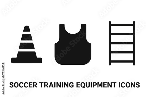 Soccer training equipment icon set. Solid glyph vector illustrations of a training cone, athletic bib, and agility ladder. Football practice gear symbols for fitness and sport.