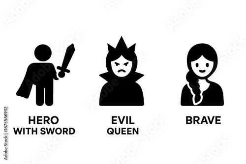 Storybook heroes and villains icon set. Vector glyphs of fantasy archetypes. Hero with sword, evil queen, and brave princess. Good vs evil concept for fairy tales.