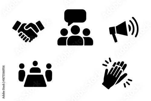 Business communication icon set. Social interaction concept. Handshake for partnership agreement. Teamwork meeting. Group chat. Announcement megaphone. Applause success. Solid glyph icons.