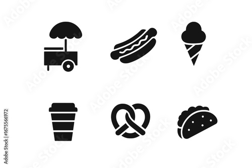 Street food solid icon set. Vector glyph collection of fast food symbols. Food cart, hot dog, ice cream, coffee, pretzel, taco. Isolated on white for web and mobile UI.