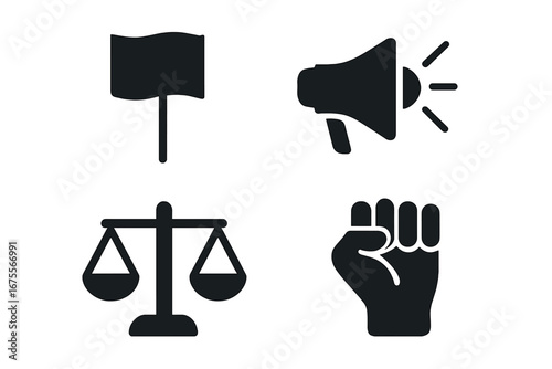 Social justice icon set. Protest, activism, human rights concepts. Raised fist, megaphone, protest banner, balance scale. Law, equality, revolution vector symbols.