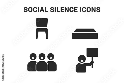 Censorship & social silence solid glyph icon set. Concepts of protest, activism, freedom of speech. Vector icons of empty chair, vacant stage, silenced crowd, protest sign.