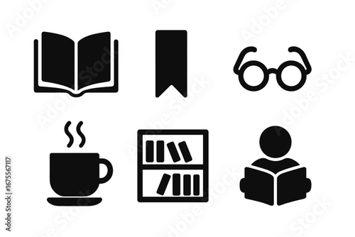 Reading glyph icon set. Weekend leisure, education, and literature concept. Vector solid pictograms of open book, bookmark, glasses, coffee cup, bookshelf, and reader.