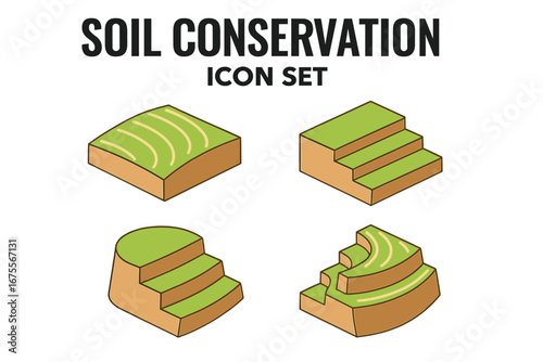 Soil conservation isometric icon set. Vector illustration of erosion control methods, contour plowing, and terraced farming. Sustainable agriculture and land management concepts.