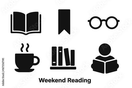 Reading solid glyph icon set for weekend hobby and education. Vector symbols of open book, bookmark, eyeglasses, coffee cup, bookshelf, and reader for library or bookstore.