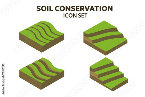 Soil conservation and erosion control icon set. Isometric vector graphics showing contour plowing, terracing, and sustainable farming methods for land management and agriculture.