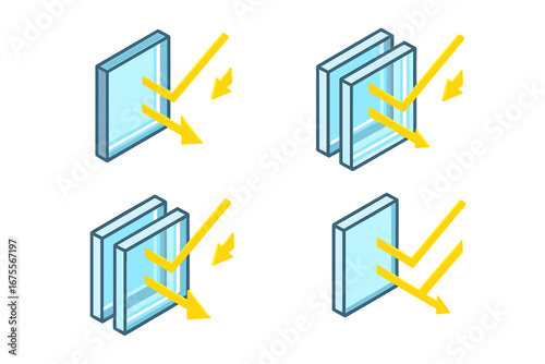 Solar reflective glazing icons set. Isometric vector of double pane window glass for heat control. Low-e technology for energy efficiency, UV protection, and home insulation.