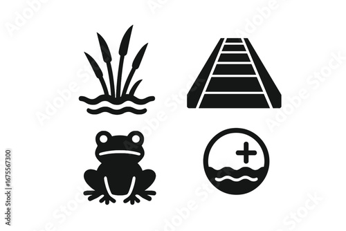 Wetland restoration solid icon set. Marsh grass, boardwalk path, nature trail, frog amphibian symbol, and water quality improvement sign. Vector for ecology and conservation.