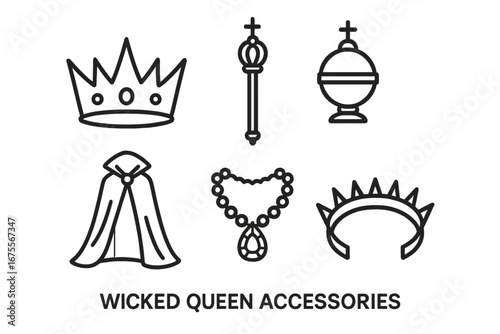 Wicked queen icon set. Evil royal accessories collection. Vector line art of a crown, scepter, orb, cloak, and jeweled necklace. Fantasy villain and monarchy symbols.