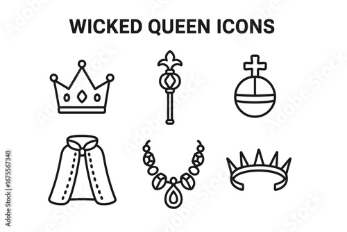 Wicked queen evil villain icon set. Fantasy royal accessories collection. Outline vector icons of crown, scepter, orb, cloak, necklace and spiked diadem. Fairy tale royalty.