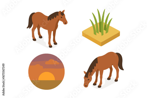 Isometric horse icon set. Vector illustration of wild horses feeding on prairie grass at sunset. Flat design nature animal elements for web, game or infographic concepts.