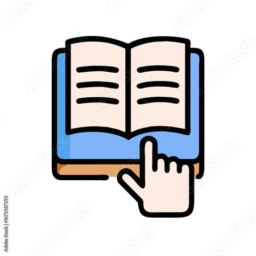 Open book with hand pointer in flat modern design